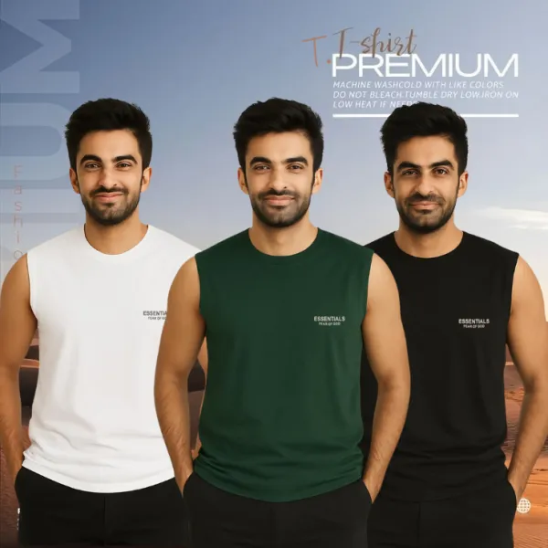 🔥 3 Pieces Sleeveless T-Shirt, White & Green & Black কম্বো – বেশি নিন, কম খরচ করুন! 🔥